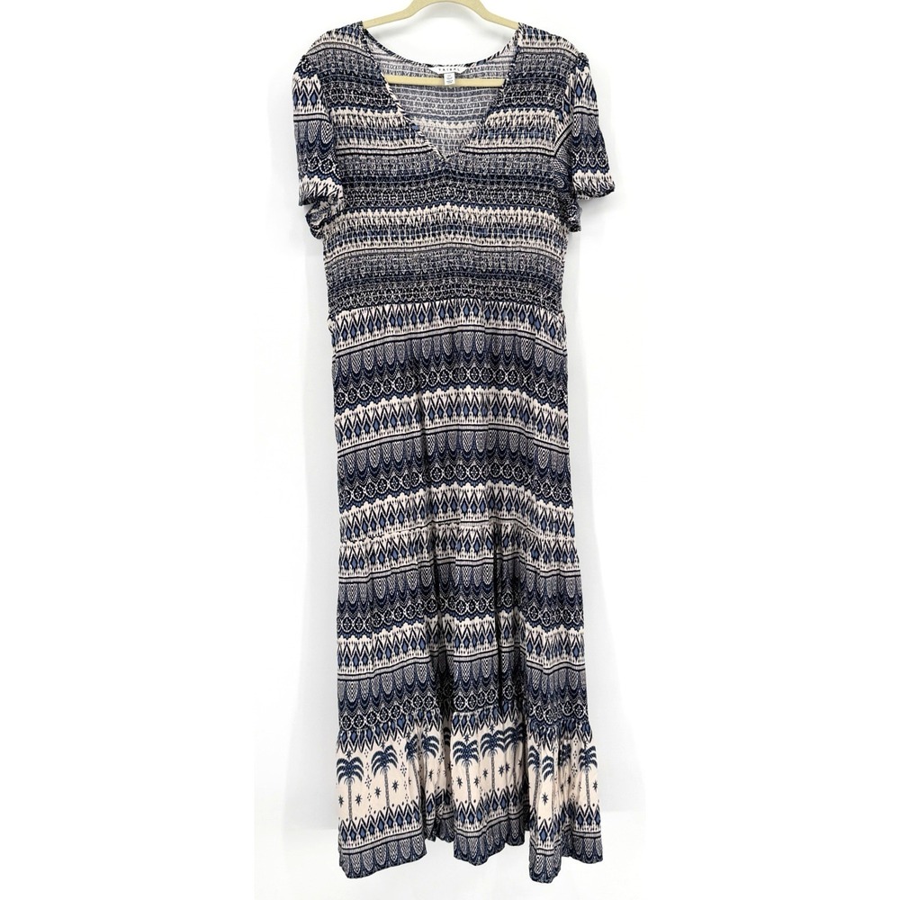 Tribal Maxi Dress L Smocked Tiered Blue/Cream Flowy Boho Chic Resortwear Coastal